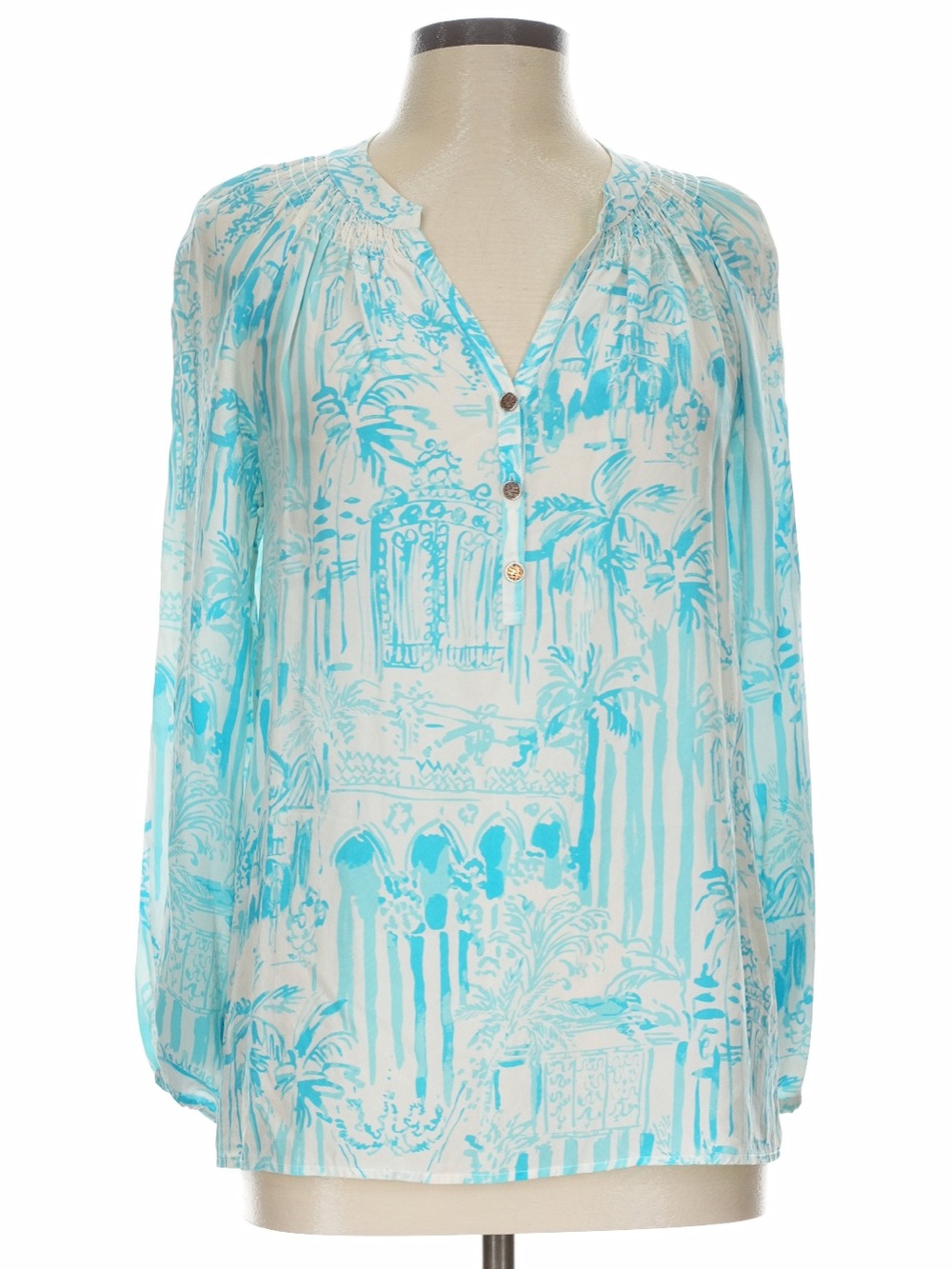 Lilly Pulitzer Elsa 100% Silk Top XL Resort White La Via Loca Blue White Blouse